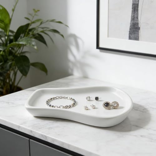 White Ceramic Trinket & Jewelry Tray Dish Set - 2 Pieces Minimalist Organizer for Earrings, Rings, Necklaces - Elegant Irregular Home Decor Accent