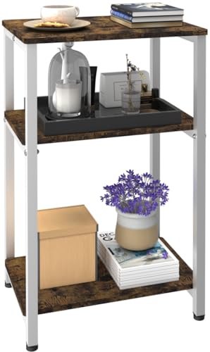 3 Tier Side Table, Heavy Duty End Table with Shelves, Narrow Nightstand Table for Small Spaces, Record Player Table for Bedroom, Living Room, Sofa Couch - Rustic Brown & White - color: White, size: 3-Tier