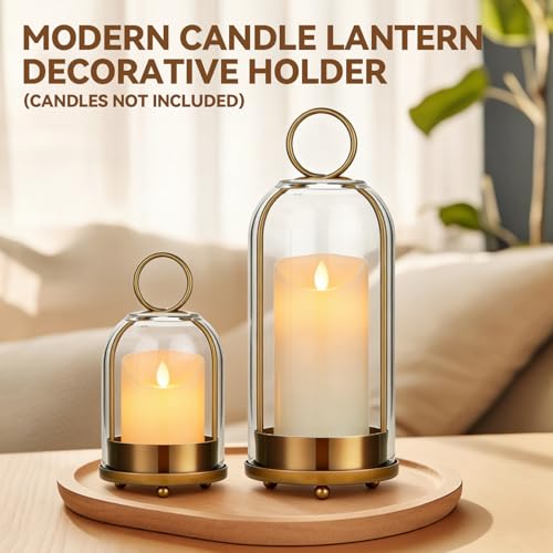 Brass Glass Candle Holders Set of 2 (5"x11" & 4.5"x7.6"), Metal Candle Holder with Glass Dome, Hanging or Tabletop Lantern Decor for Home, Centerpiece
