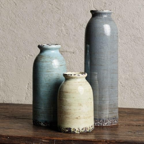 Morandi Ceramic Vase Set of 3 – Handmade Pottery Vases, Glazed Vintage Decor for Living Room, Table Centerpiece & Modern Rustic Home Styling - color: Morandi Colors01