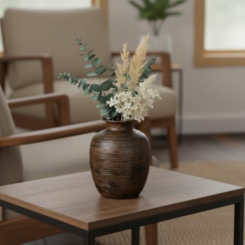 Rustic Ceramic Vase for Flower, Dark Brown Farmhouse Vases Home Decor, 7 inch Terra-Cotta Decorative Vases for Nightstand, Bookshelf, Office Desk, Kitchen Table Decor - color: Dark Brown