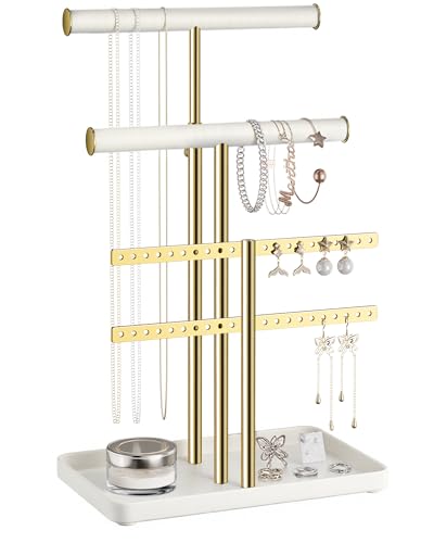 pickpiff Jewelry Holder Organizer with Velvet, Adjustable 10"-17" Tall, Metal Stand for Display Bracelet, Necklace, Earrings, Rings, White and Gold - color: Gold and White