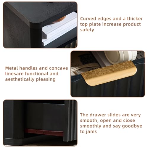 LEYAOYAO 31" Wide Fluted Nightstand with Charging Station, Oversized Extra Large 2 Drawers Night Stand,Black Wood Bedside Table,Tall Bed Side End Tables,Modern Chest of Drawers Dressers for Bedroom - color: Black, size: 2 Drawers