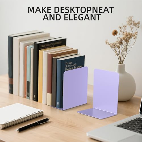 Book Ends, 2 Pieces Metal Bookend for Shelves, Bookends for Heavy Books, Book Holders for Shelves, Desk Organizers, Book Dividers for Office, School, Bookstore, Home - color: C-purple-smooth Surface, size: 2 Pieces