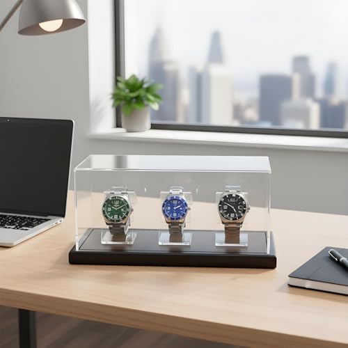 Acrylic Watch Display Case for 3 Watches with Solid Wood Base, Dustproof 3mm Clear Watch Showcase and Organizer for Men & Woman, Luxury Watch Stand - size: Display Case (No LED) For 3 Watch