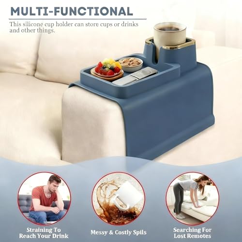 Luxury Gold Trim Couch Cup Holder Tray - Weighted Silicone Anti-Spill Sofa Armrest Organizer, Non-Slip Recliner Tray Table for Drinks, Remote, Phone - Fits Most Couch Arms, Home Gift,Blue - color: Blue