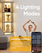 PARTPHONER Floor Lamp Glass Display Shelf with Remote/APP Control, Dimmable LED Floor Lamp with Shelves, Open Display Cabinet, Color Temp Control (2700K-6000K), Oak Gray - color: Gray