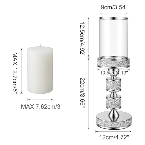 13.5" Tall Pillar Candle Holder with Wind Proof, Metal Hurricane Holders, Crystal Candle Holders for Table Centerpieces, Home Decor, Wedding, Dining Table (2, Silver, Medium) - color: Silver, size: Medium