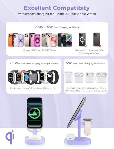 Hevanto 2026 3 in 1 Wireless Charging Station for Apple MagSafe Charger, 15W Fast Magnetic Mag-Safe Charger Stand for iPhone 17 16 15 14 13 12 Apple Watch AirPods Compatible with MagSafe, Purple - color: Purple