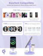 Hevanto 2026 3 in 1 Wireless Charging Station for Apple MagSafe Charger, 15W Fast Magnetic Mag-Safe Charger Stand for iPhone 17 16 15 14 13 12 Apple Watch AirPods Compatible with MagSafe, Purple - color: Purple