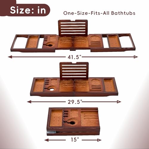 Premium Foldable Bamboo Bathtub Tray Caddy, Expandable Bath Caddy Tray with Holder, Brown Bath Shelf Over Tub, Spa Bathroom Accessories & Gifts for Home - color: Brown