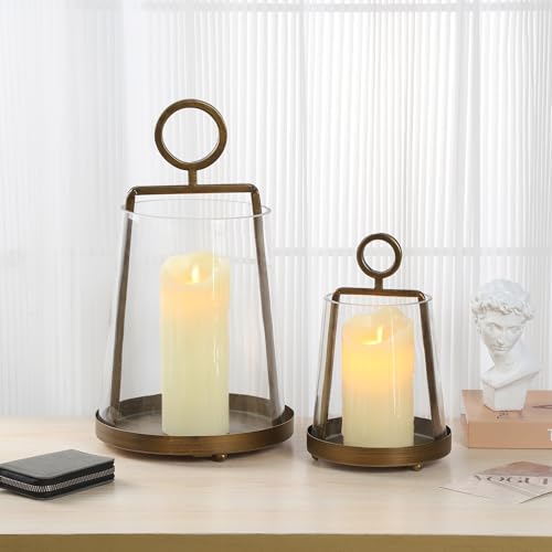 6" Wide Modern Farmhouse Metal Hurricane Candle Holder with Handmade Sturdy Glass Sleeve in Antique Brass for Pillar Candle & Plants, Glass Hurricane Lantern, Industrial, Minimalistic - color: Brass, size: 6"x10"