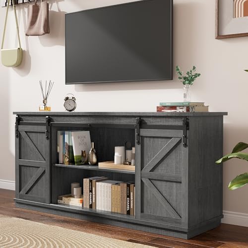 YESHOMY TV Stand for Televisions up to 65 Inches, with Sliding Barn Doors and Storage Cabinets, Console Table and Media Furniture for Living Room, 58 Inch, Gray - color: Grey, style: Sliding Barn Doors TV Stand