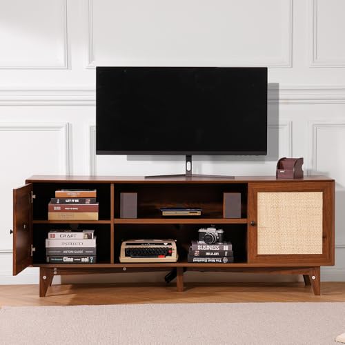 VEVOR Rattan TV Stand for 75in TV, Boho TV Stand with Rattan Door, Entertainment Center with Build-in Socket, Storage Cabinet with 2 Shelves, Modern TV Console for Living Room, Media Room, Walnut - color: Walnut, size: for 75" TVs