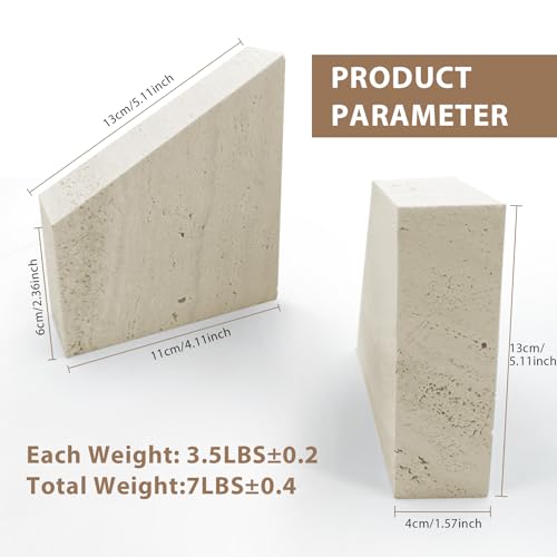 4"x5" Natural Marble Bookends for Shelves, Beige Travertine Book Ends, 7LBS Heavy Duty Marble Book Holder, Home Living Room Ornaments, Apartment Decor for Movies/CD/Video Games, Set of 2