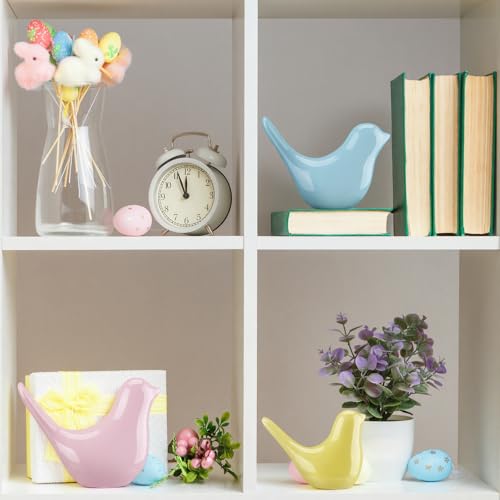 AceOrbit 3 Pcs Spring Small Animal Statues Pink Birds Decor Pastel Color Sculpture Ornaments Blue Yellow Bird Figures for Spring Home Office Table Desktop Bookshelf Mantelpiece Shelf - style: Cute Style