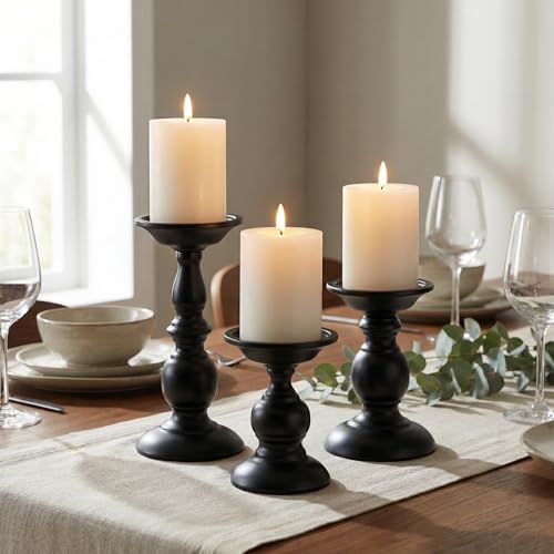 Black Pillar Candle Holders Set of 3, Vintage Candle Holder for Table Centerpiece & Fireplace Decor, Decorative Antique Candle Stand for Dining & Living Room Decoration