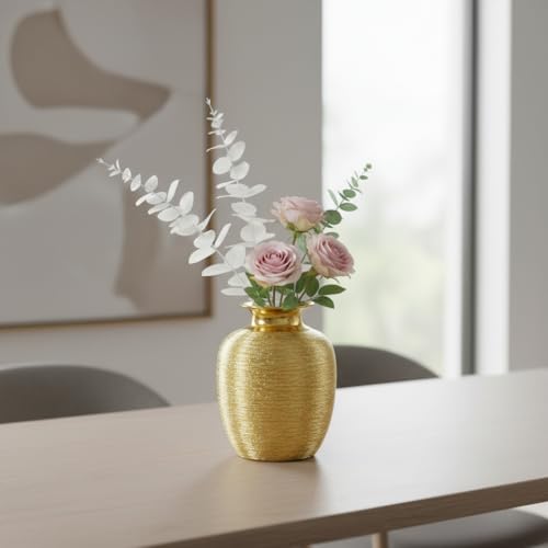 Gold Ceramic Vase - 7 Inch Modern Flower Vase for Centerpiece, Textured Decorative Vases Home Decor, Weddings, Dining, Bathroom, Nightstand, Decoration - color: Gold