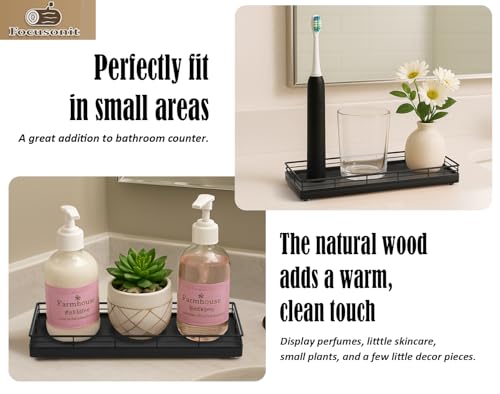 Bathroom Tray for Counter, Oak Wood 11" L Small Vanity Tray for Dresser Tops Perfume Jewelry Makeup Candle Soap Sponge Holder for Kitchen Countertop Organizer Coffee Table Decor Bar Black - color: Black, size: 11" x 4.3" x 1.5"