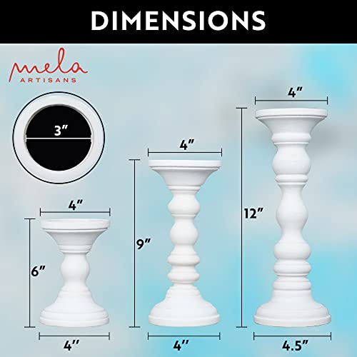 Mela Artisans Wooden Pillar Candle Holders | Willow Design | Set of 3 Mango Wood Candlesticks | Matte White | Sizes 6" & 9" & 12" | Table Decor | Centerpiece | Mantel | Wedding | Living Room Decor - color: Matte White