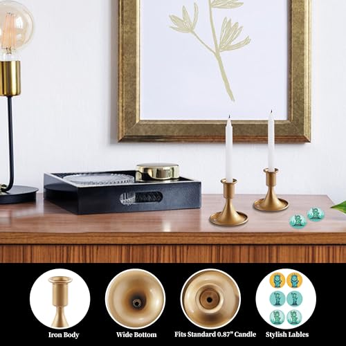 2PCS Candle Holder, OLULU Gold Taper Candle Holders Stand, Candlestick Holders for Table Centerpiece, Wedding, Party, Christmas or Home Decor (Eight Cute Lables)