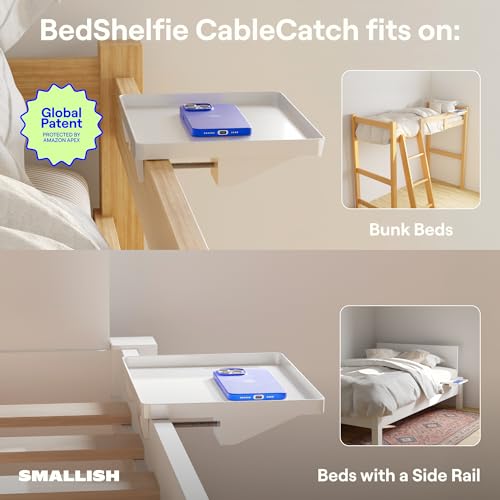 BedShelfie Bedside Shelf for Dorm Room Bunk Bed & Top Bunk, College Dorm Room Essentials, Bedside Caddy, Clip on Floating Desk Tray, Bed Side Table Storage, Loft Nightstand Decor - Cable Catch, White - color: White, size: CableCatch (Hard Plastic 12.5 x 9