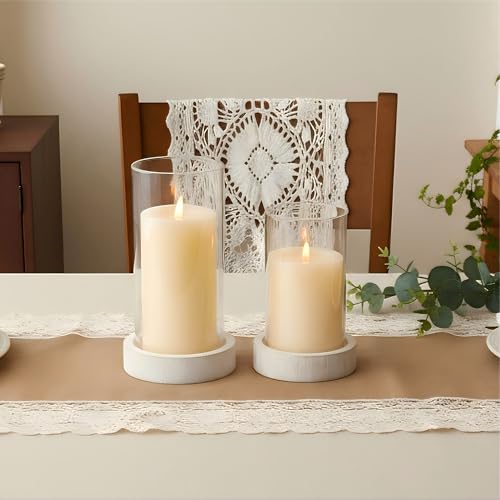 Ronasip Set of 2 Hurricane Candle Holders with Wood Base & Glass Cylinder (4.2x5.9” & 4.6x7.8”) – Rustic Wooden Candle Holders for Home Decor, Weddings, Table Centerpieces (2, White) - color: White