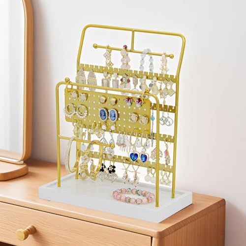 Jewelry Organizer Stand Metal Jewelry Display Rack with Wooden Tray Necklace Stand Partitioned Storage for Rings, Earrings and Bracelets Jewelry Rack(Gold) - color: Gold-White Tray