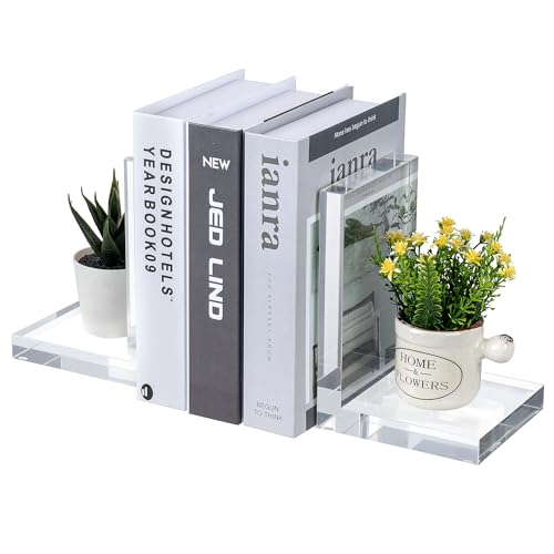 MyGift L-Shaped Decorative Bookends, Transparent Heavy Duty Non-Skid Book Ends Stopper for Shelves Home Office School, 1 Pair, Premium Hotel Style Clear Thick Acrylic