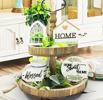 6 Pieces Farmhouse Tiered Tray Decor Beautiful Sweet Home Wood Sign Artificial Plant Rustic Tray Decorations Centerpiece Set for Home & Kitchen Decor(Tiered Tray NOT Included)