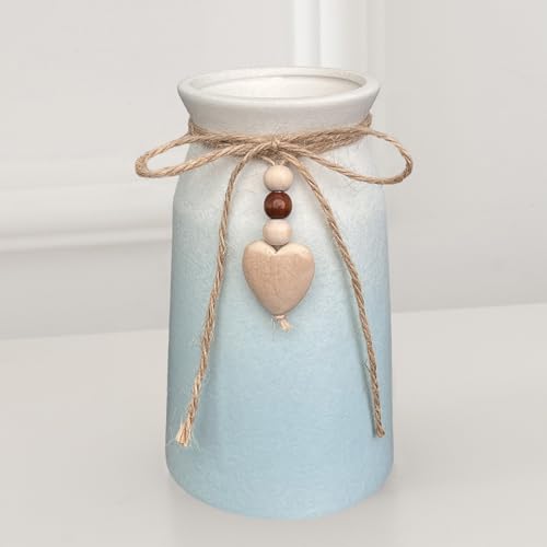 Elegant Ceramic Vase | 6-Inch Flower Vase with Jute Rope & Heart Charm | Modern, Farmhouse, & Boho Home Décor, Blue Color - color: Blue