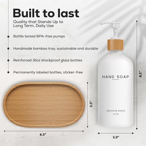 White Glass Soap and Lotion Dispenser Set with Tray by Brighter Barns - Hand Soap Dispenser Bathroom Set - Bamboo Bathroom Soap Dispenser Set - Minimalist Bathroom Accessories, Modern Home Decor - color: White Sl