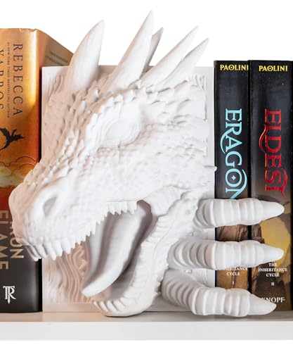 Dragon Bookend | Pops Off Your Shelf | Paintable Solid Build | Use Between Books or on a Bookshelf End or Book Nook | Fantasy Dragon Decor | Medieval Shelves Booknook Bookends (Unpainted Bone White) - color: Unpainted Bone White