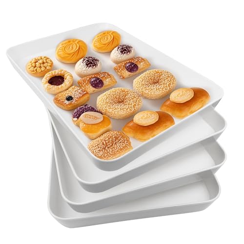 greenandlife 4 Pcs 16" x 11" Large Serving Trays for Party Supplies, Plastic Platters for Serving Food, Unbreakable Reusable Trays for Snack, Fruit, Cookies, Desserts in Kitchen, BPA Free, White - color: White