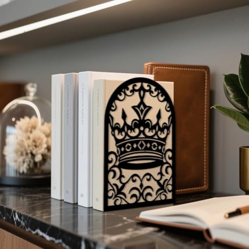 Peacoblue Metal Bookends for Shelves, Modern Decorative Heavy Duty Study Book Ends Stoppers for Office, Desk, Shelf, Room 5.3"x4.3"x7.9" Cast Iron Simple Tall Bookends 1 Pair (Crown) - style: Crown