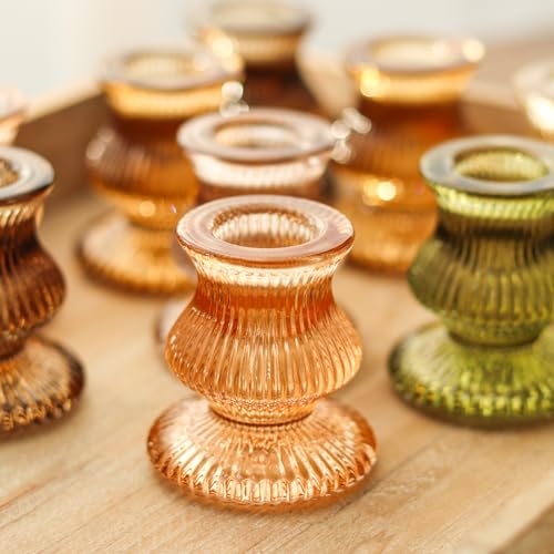 WDHODEC Glass Candlestick Holders 12PCS Taper Candle Holders for Table Centerpiece Vintage Colorful Candle Sticks for Wedding, Party and Birthday Table Decoration(Brown) - color: Brown & Amber