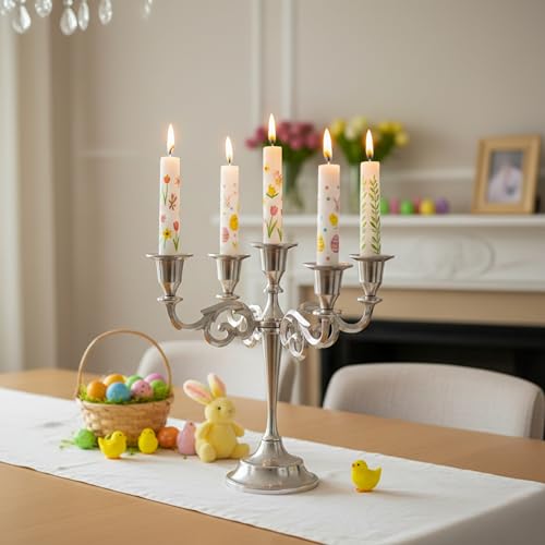 Rely+ 5 Arm Candelabra Taper Candle Holders Decorations Indoor Kitchen Décor Table Candles Candlestick Candelabra Centerpiece (Silver) - color: Silver, size: 5 Arm
