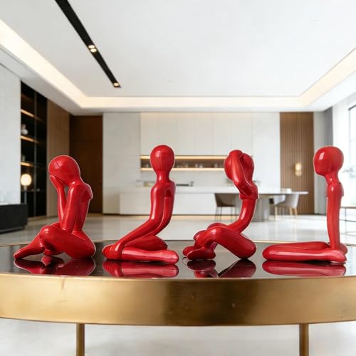 Abstract Thinker Statue Set of 4, Modern Home Decor for Shelves, Console Table & Entryway, Minimalist Neutral Aesthetic Figurines, Lightweight Safe Decor for Living Room & Office(red) - color: Red