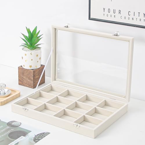 Coward Jewelry Organizer Box, Beige Velvet 12 Grids Bracelet Bangle Necklace Jewelry Display Tray Case with Transparent Glass Lid for Home Drawer Desk or Store Selling Show - color: Beige Velvet, size: 12Grids Box