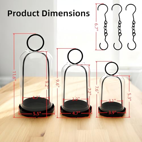 3 Pack Metal Candle Holders with Glass Dome, 5.5" & 4.7" & 3.9" Wide Black Candlestick Holders Set, Versatile Hurricane Lanterns Candleholders for Pillar Candle, Decorative Glass Display Dome Stands - color: Black