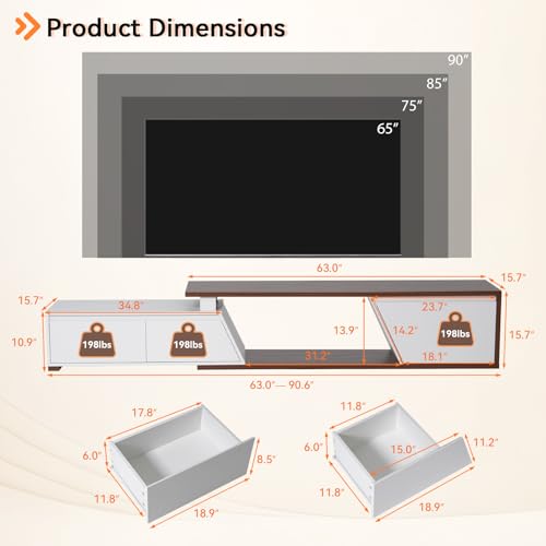 Verano Garden Extendable TV Stand with Led Lights, Wood TV Media Console with 2 Drawers & 1 Cabinet, Modern Entertainment Center Up to 90 Inch TV for Living Room Bedroom, 63" - 90.6" (White & Walnut) - color: White & Walnut