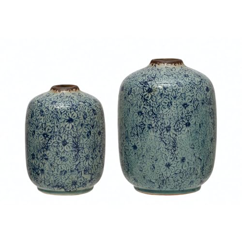 Creative Co-Op Decorative Round Terra-Cotta Vase with Floral Pattern with Distressed Finish, Blue