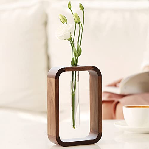 Transprent Glass Vase Test Tube Vase Hydrophilic Plants Vase Plant Holder Walnut Wooden Frame Flower Stand Table Garden Bonsai Decor,Gifts for Women, Home Office Decor Planter (Small) - size: Small