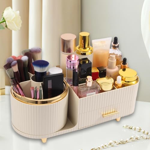 Makeup Organizer Countertop with Drawer 360 Rotating Brush Holder Storage Large Capacity Skincare Cosmetic Display Cases for Vanity Bathroom Desktop, Model 3016 Cream - color: Cream