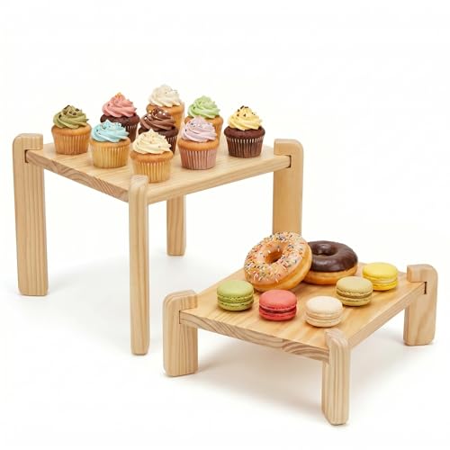 2Pack Solid Pine Wooden Display Stand, Easy to Assemble Foldable Food Rack for Fruits, Desserts and Snacks, Perfect for Parties, Restaurants, Cafes, Camping, Hotels and Wedding Table Decor