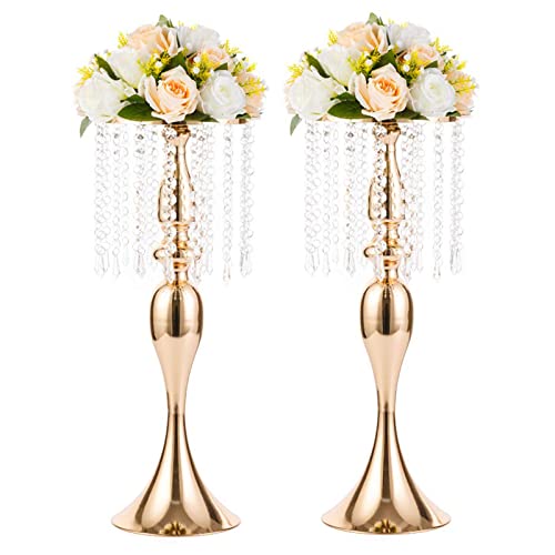 2 Pcs 21.3 inches Tall Crystal Flower Stand Wedding Road Lead Flowers Holders Centerpiece Metal Chandelier for Reception Tables Supplies - color: Gold, size: 2 x L