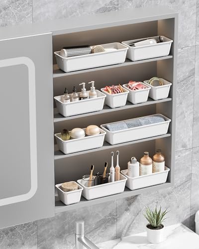 Canfanni 13 Pack Plastic Drawer Organizers Set, 3 Sizes Desk Drawer Organizer Trays for Vanity and Makeup Organizer, Organization and Storage for Makeup, Kitchen Utensils, Bathroom and Office(White) - color: White