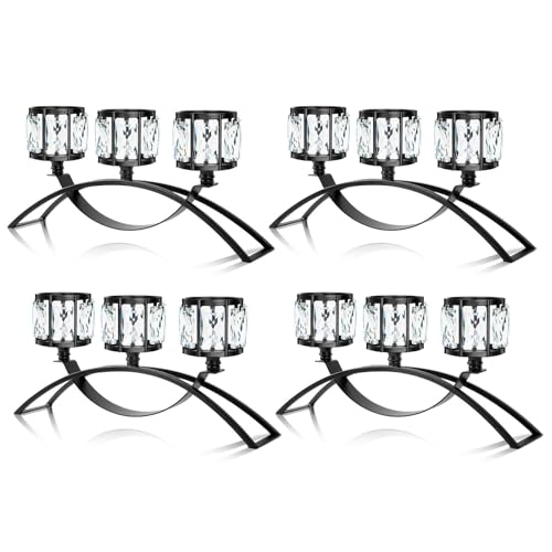 4 Pcs 3-Arm Crystal Tealight Candle Holders, Elegant Metal Arch Candlestick Centerpiece for Wedding, Party, Dining Room Table Decorations, Anniversary (4, Black-3 Arm) - size: Black-3 Arm