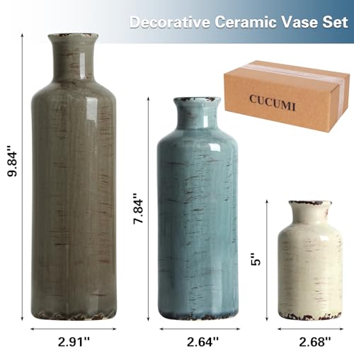 CUCUMI Ceramic Vases Set of 3, Rustic Coastal Vases Home Decor, Farmhouse Flower Vases Decor for Shelves, Ocean Beach Style, Mantle, Fireplace, Coffee Table, Shelf Decorations - color: 3pcs-a-morandi