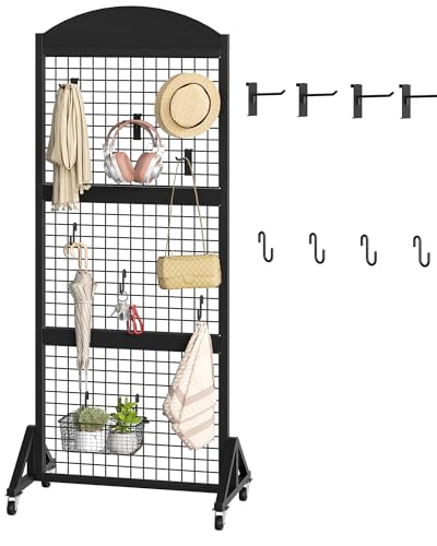 CHOEZON 2 Packs Grid Wall Panel 5.7' x 2' FT Grid Display Rack with Wheels, Movable Gridwall Display Stand with 8 S-Shaped Hooks and 8 Garment Hooks, Floorstanding Wire Grid Rack, Black TCJ17P2BB - color: Black